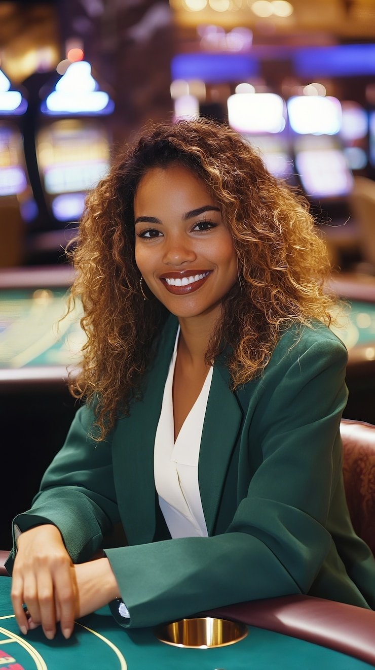 Live blackjack dealer at superhoki HD studio with multiple camera angles